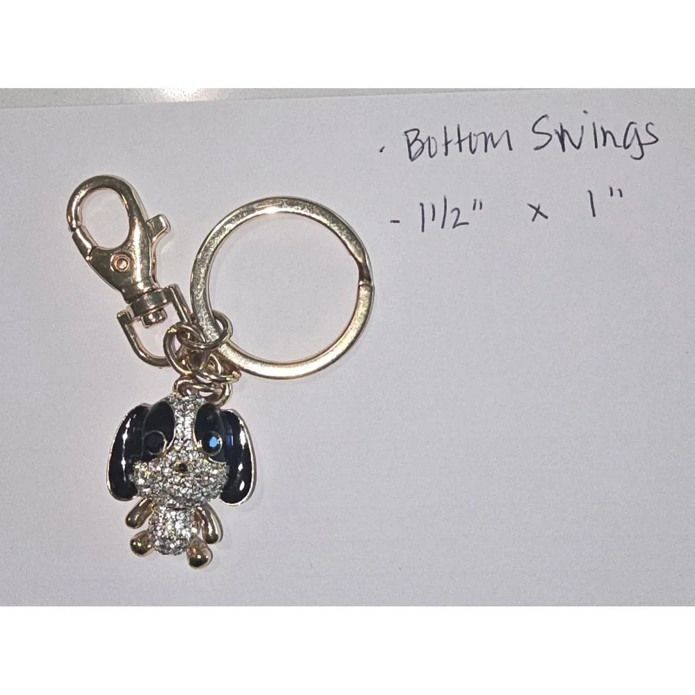 Rhinestone Puppy Dog Keychain Bag Charm Rose Gold Tone Black Enamel Articulated